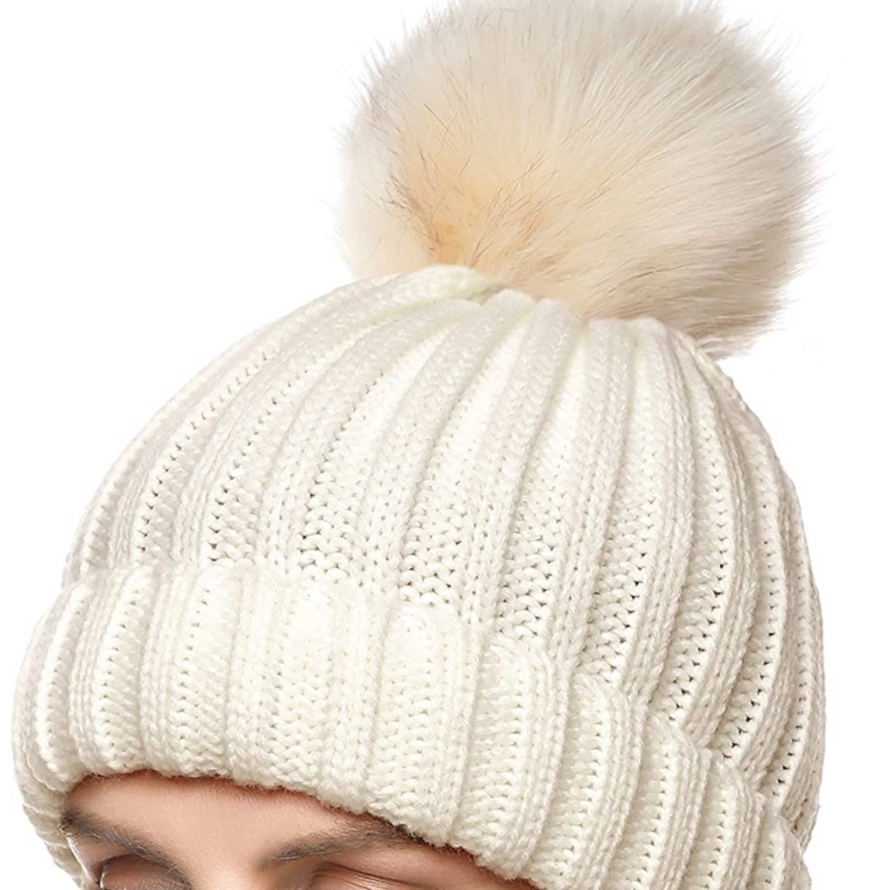 Womens Winter Hat with Faux Fur Pom Pom